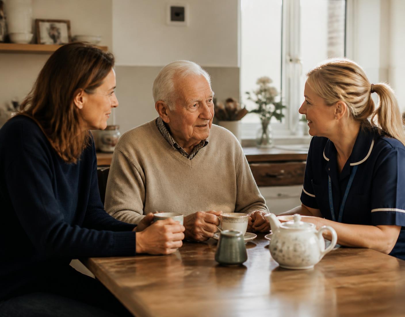 Family meeting with a home care coordinator at the kitchen table in Inglewood, CA